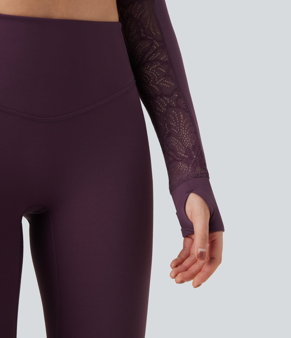 Thumb Holes Contrast Lace Double Zipper Yoga Jacket — Dusky Evening purple — view 6