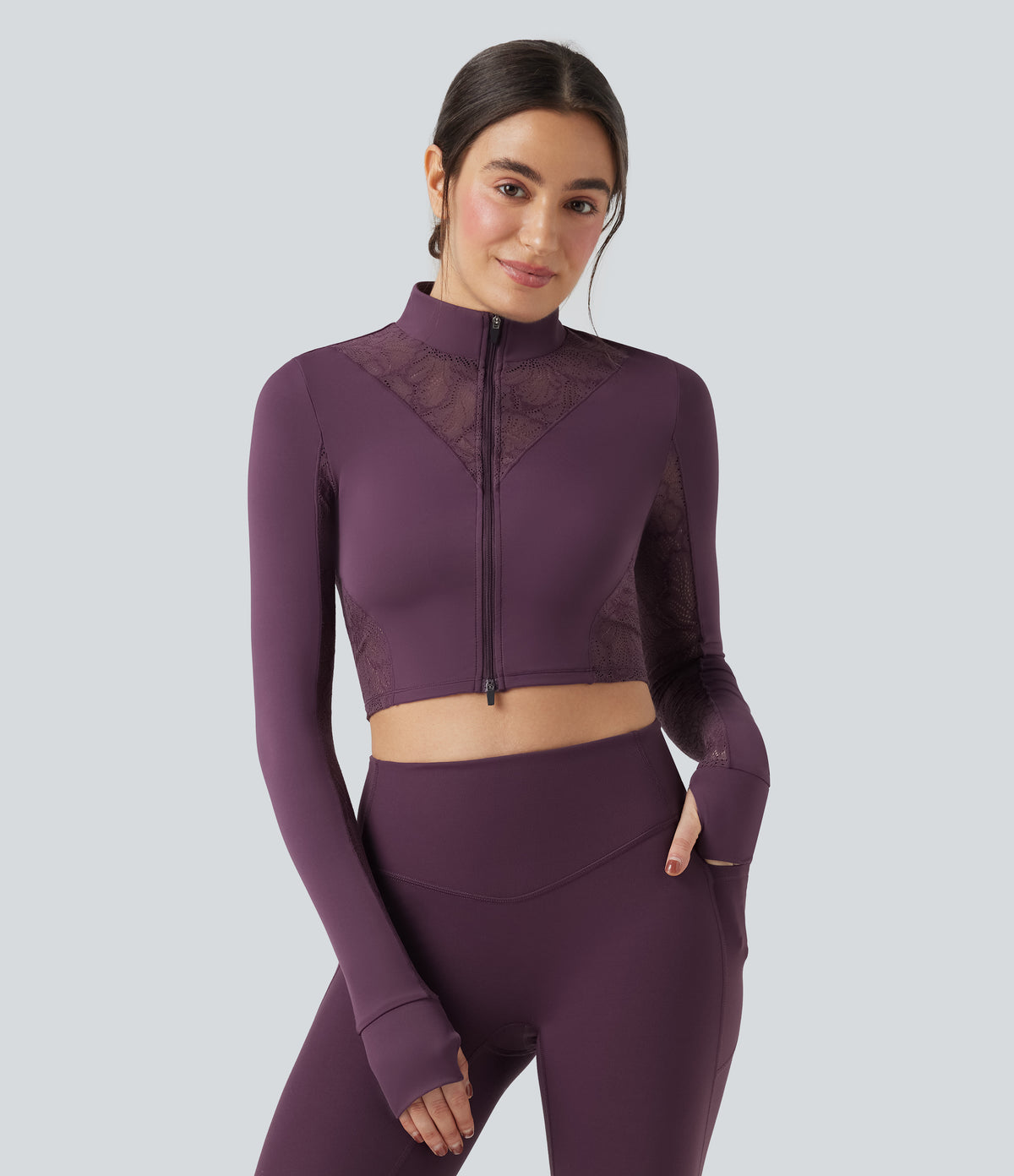 Thumb Holes Contrast Lace Double Zipper Yoga Jacket — Dusky Evening purple — view 1