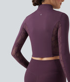 Thumb Holes Contrast Lace Double Zipper Yoga Jacket — Dusky Evening purple — view 5