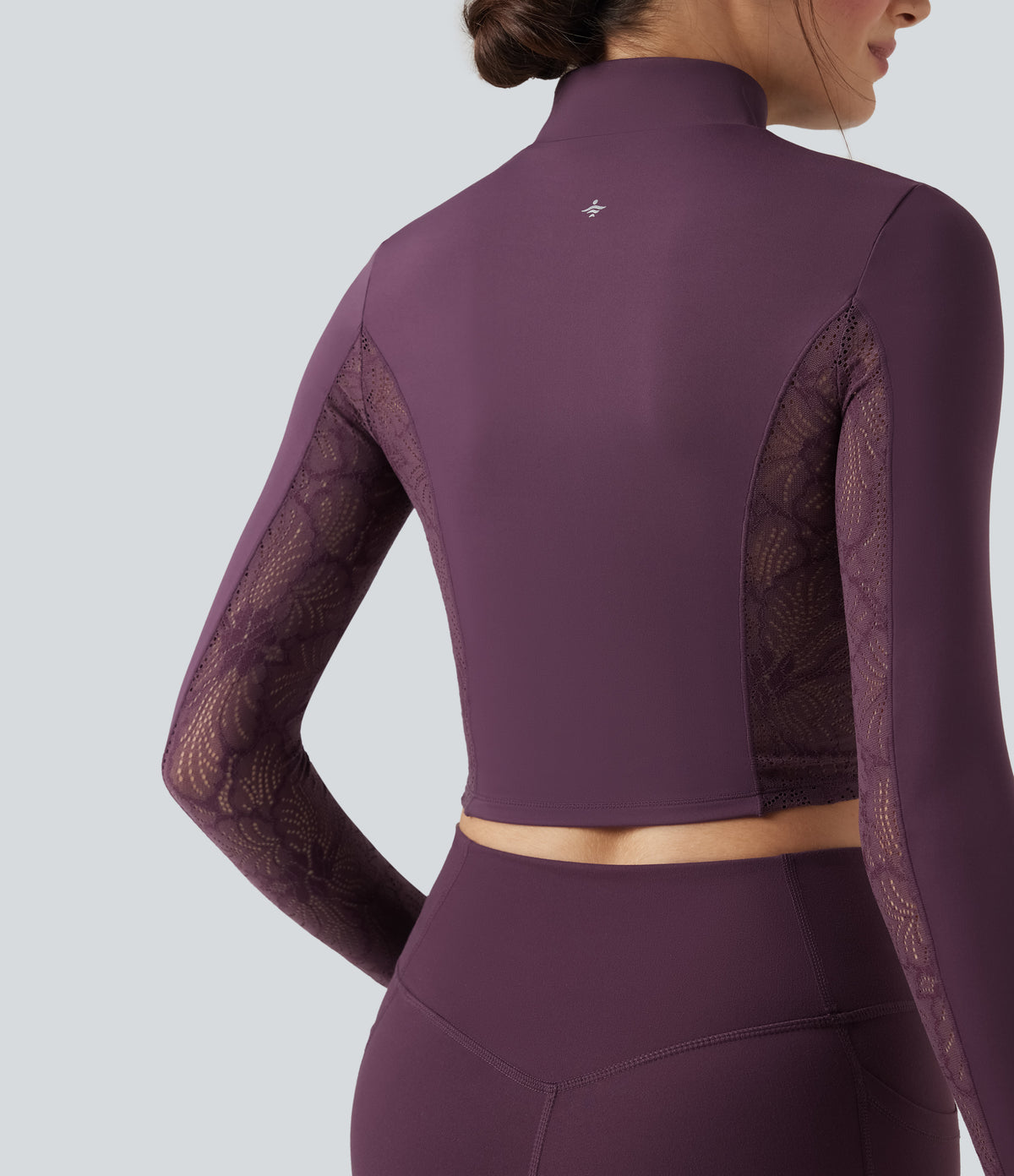 Thumb Holes Contrast Lace Double Zipper Yoga Jacket — Dusky Evening purple — view 5