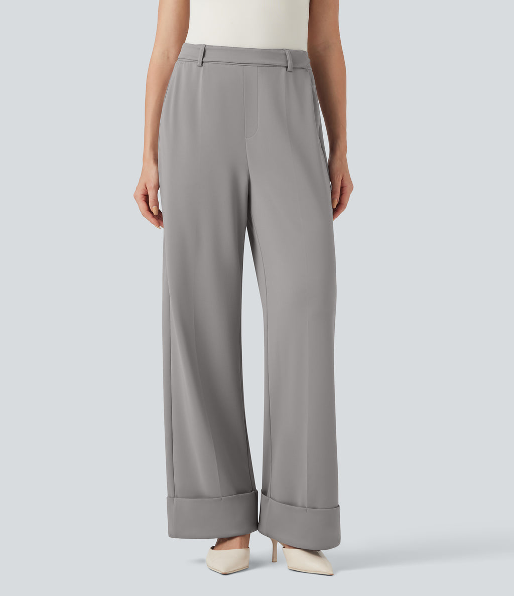 High Waisted Rolled Hem Crepe Work Baggy Trousers with Pockets — Paloma — view 2