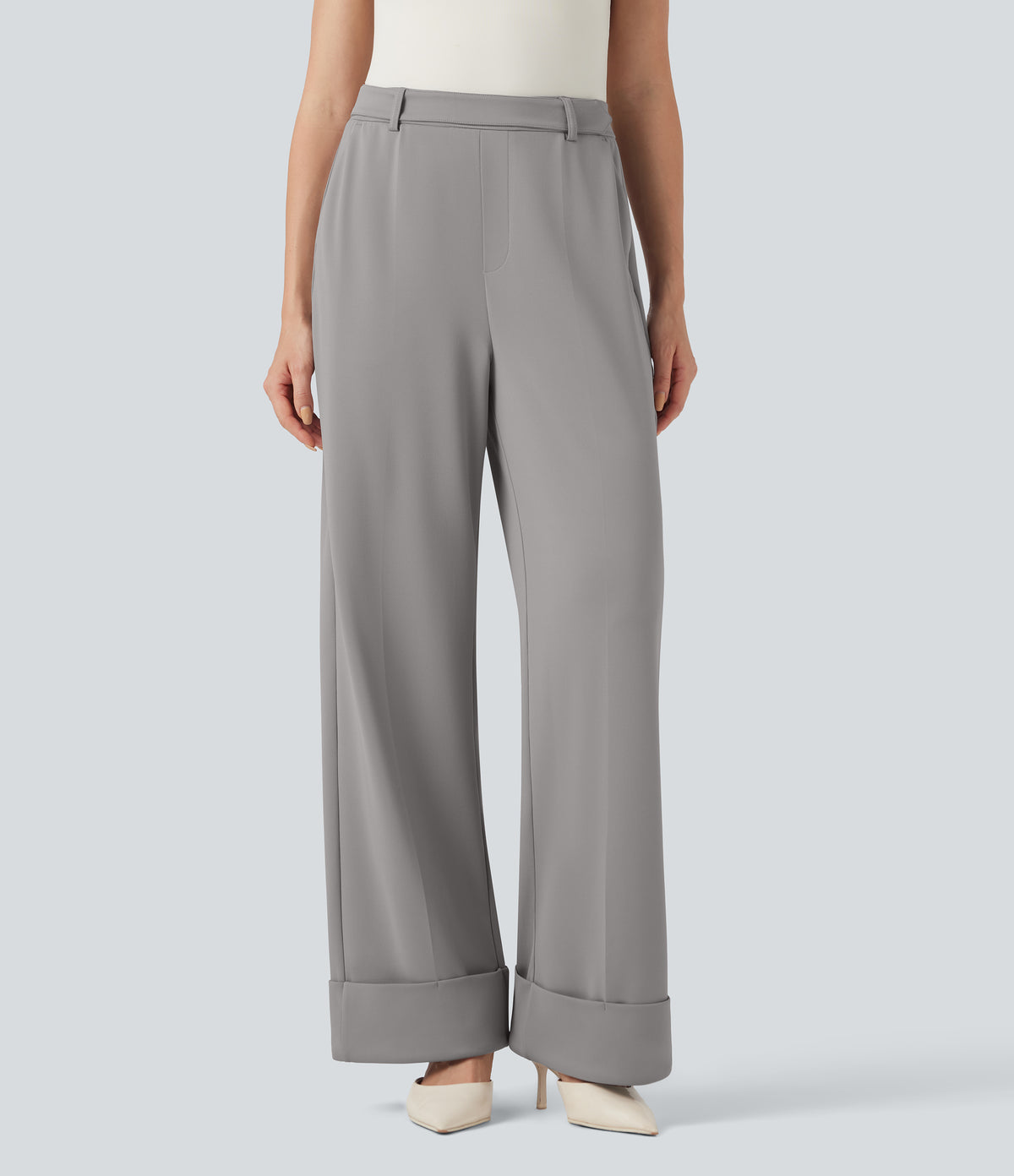High Waisted Rolled Hem Crepe Work Baggy Trousers with Pockets — Paloma — view 2