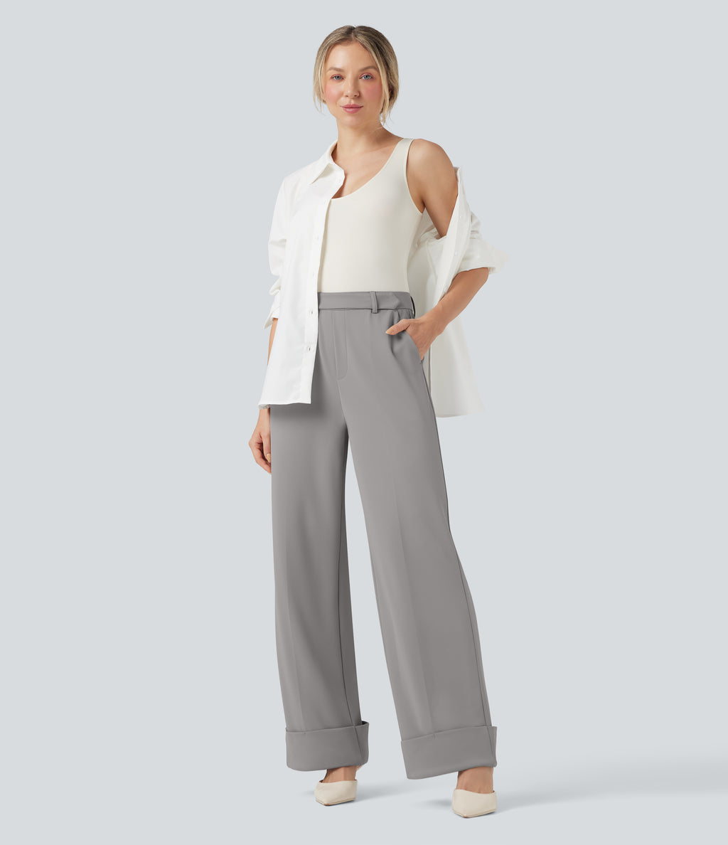 High Waisted Rolled Hem Crepe Work Baggy Trousers with Pockets — Paloma — view 1