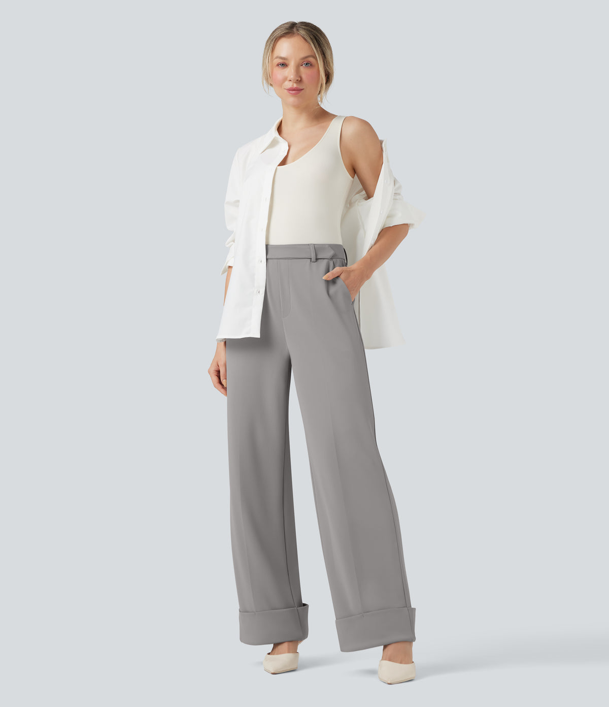 High Waisted Rolled Hem Crepe Work Baggy Trousers with Pockets — Paloma — view 1