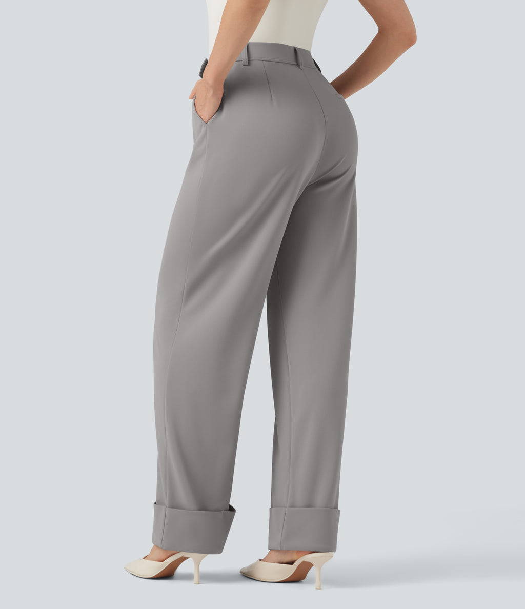High Waisted Rolled Hem Crepe Work Baggy Trousers with Pockets — Paloma — view 3