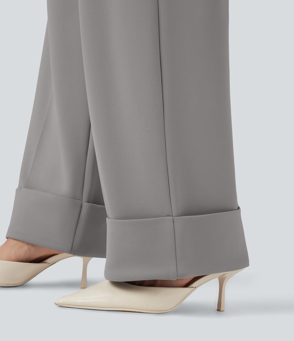 High Waisted Rolled Hem Crepe Work Baggy Trousers with Pockets — Paloma — view 7