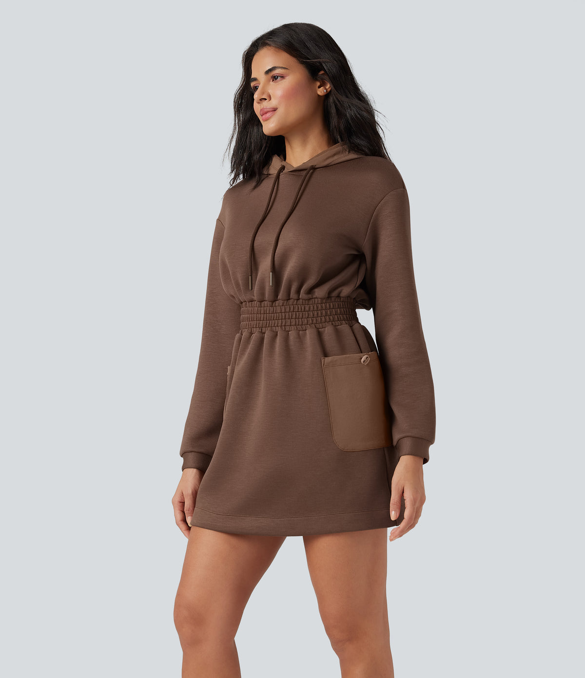 SpacerTek Hooded Drawstring Long Sleeve Mini Hiking Active Dress with Pockets — Cocoa Brown — view 3