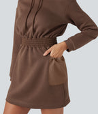 SpacerTek Hooded Drawstring Long Sleeve Mini Hiking Active Dress with Pockets — Cocoa Brown — view 6