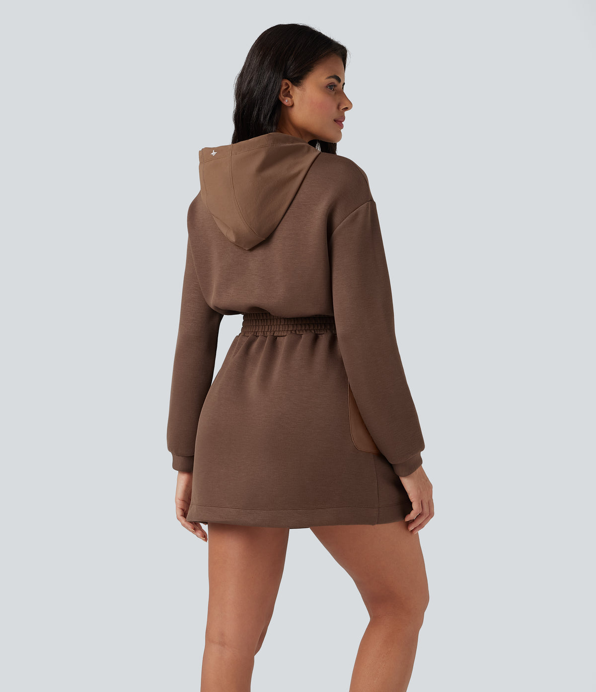 SpacerTek Hooded Drawstring Long Sleeve Mini Hiking Active Dress with Pockets — Cocoa Brown — view 2