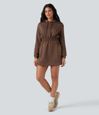 SpacerTek Hooded Drawstring Long Sleeve Mini Hiking Active Dress with Pockets — Cocoa Brown — view 7