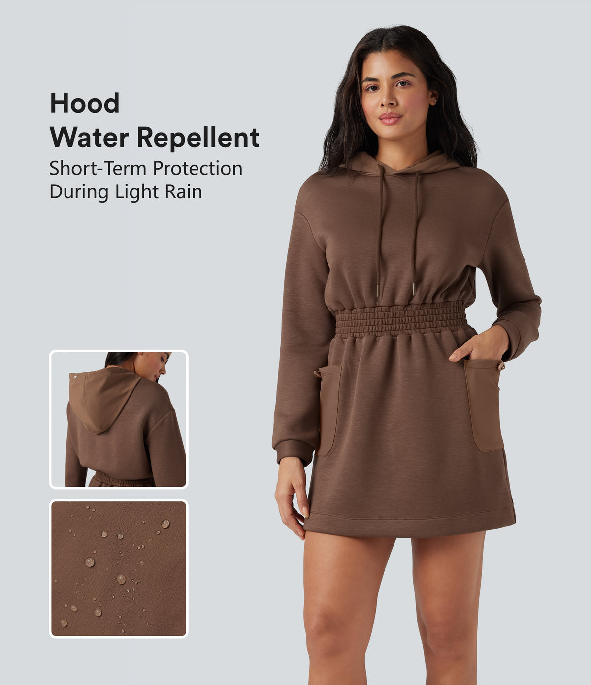 SpacerTek Hooded Drawstring Long Sleeve Mini Hiking Active Dress with Pockets — Cocoa Brown — view 1
