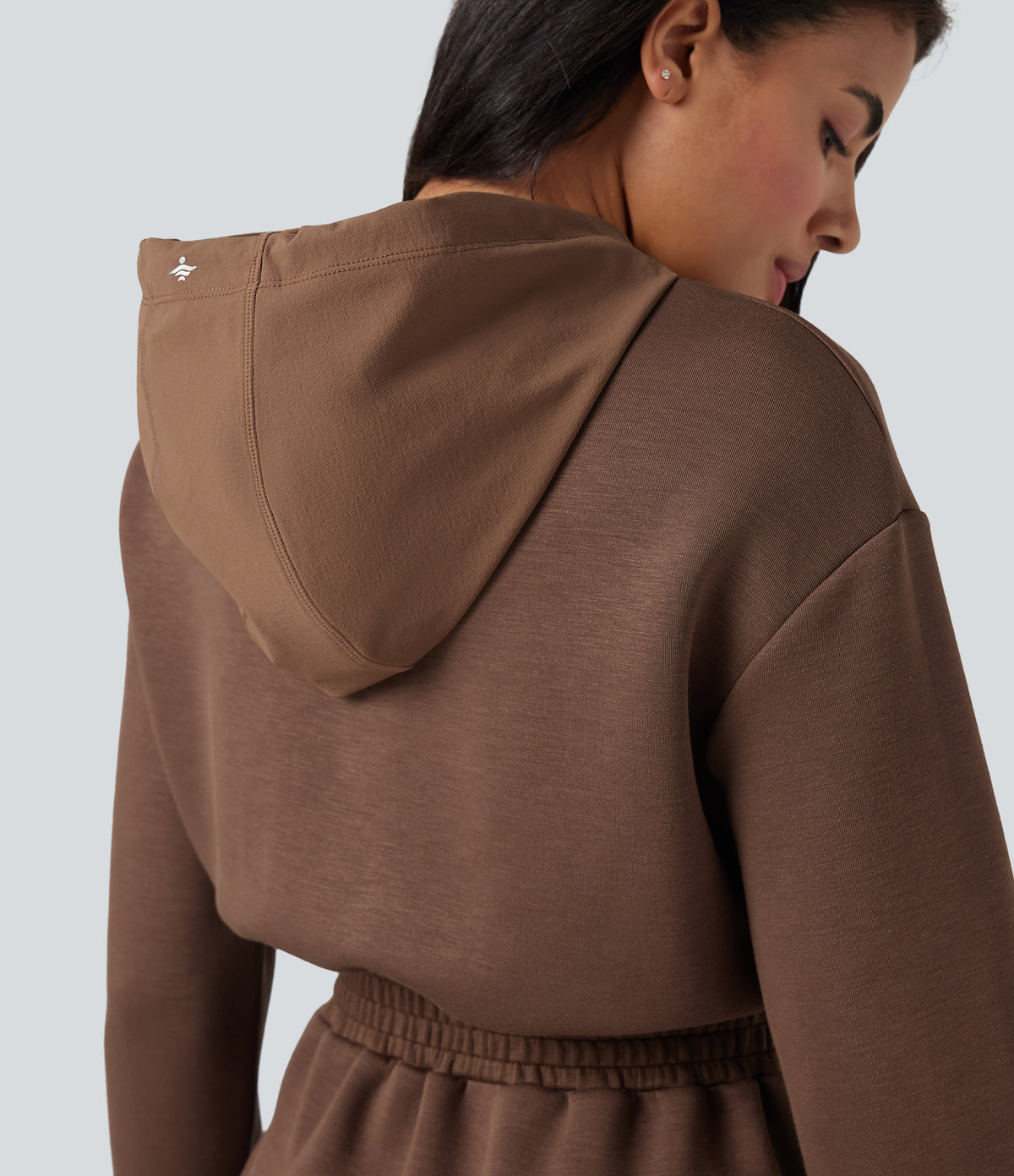 SpacerTek Hooded Drawstring Long Sleeve Mini Hiking Active Dress with Pockets — Cocoa Brown — view 4