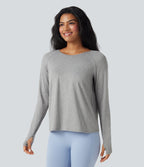 Cowl Back Long Sleeve Thumb Hole Yoga Sports Top — Fog Gray — view 3