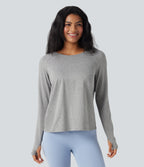 Cowl Back Long Sleeve Thumb Hole Yoga Sports Top — Fog Gray — view 2