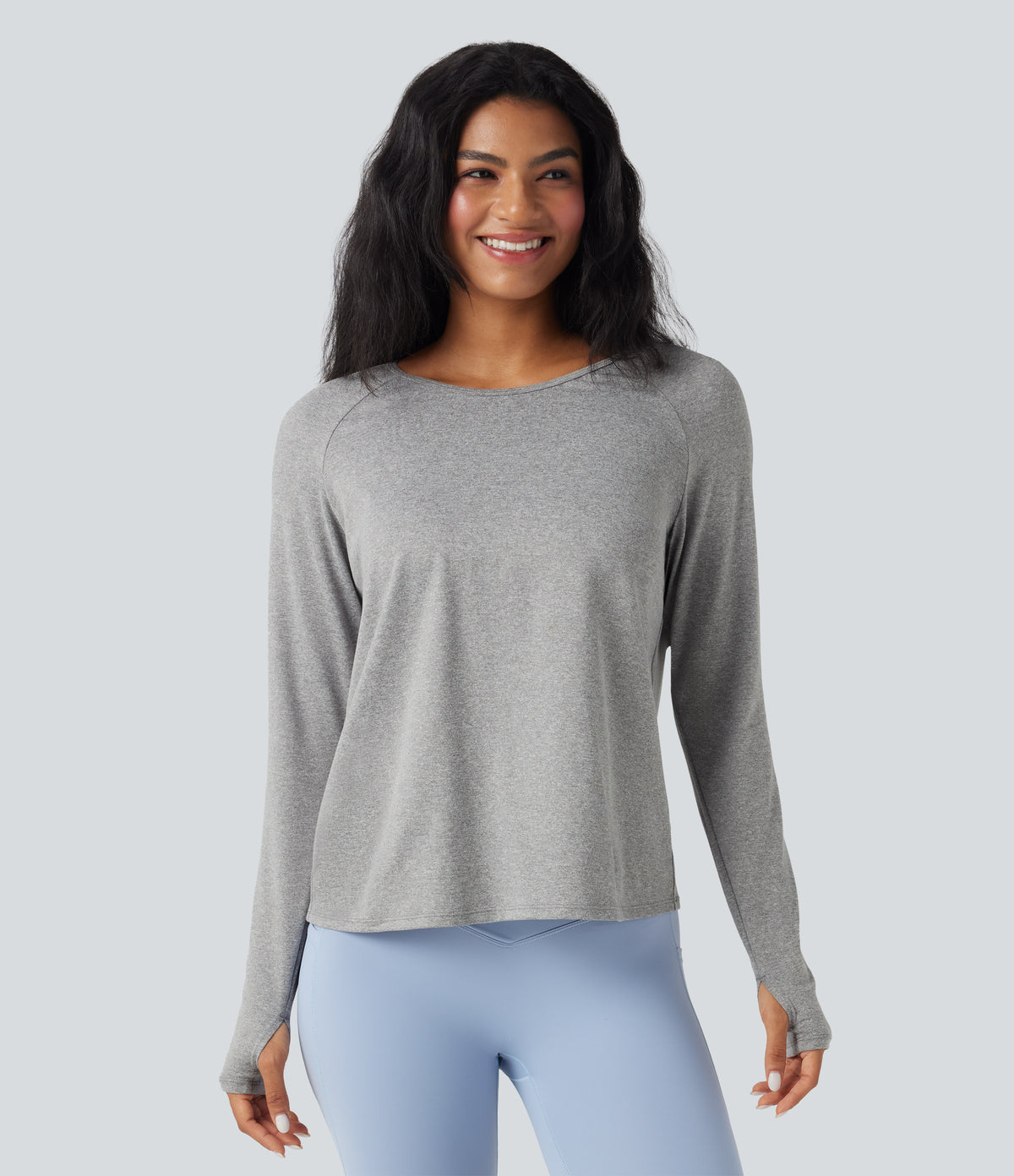 Cowl Back Long Sleeve Thumb Hole Yoga Sports Top — Fog Gray — view 2