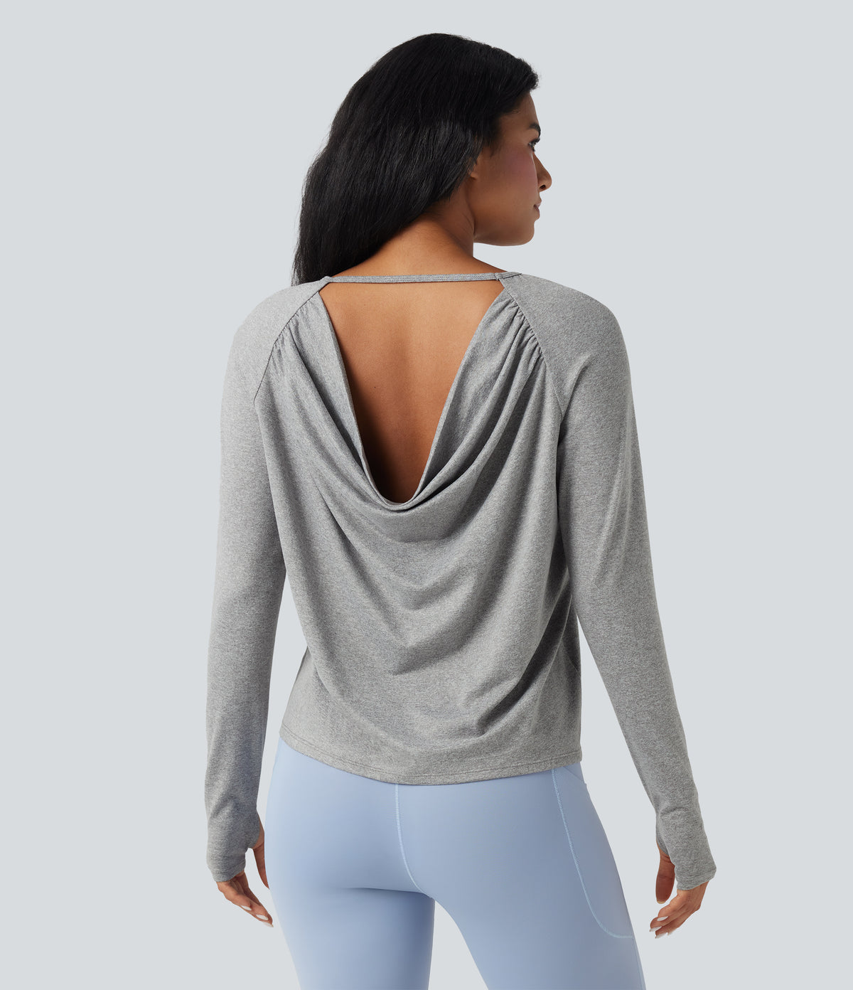 Cowl Back Long Sleeve Thumb Hole Yoga Sports Top — Fog Gray — view 1