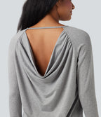 Cowl Back Long Sleeve Thumb Hole Yoga Sports Top — Fog Gray — view 5