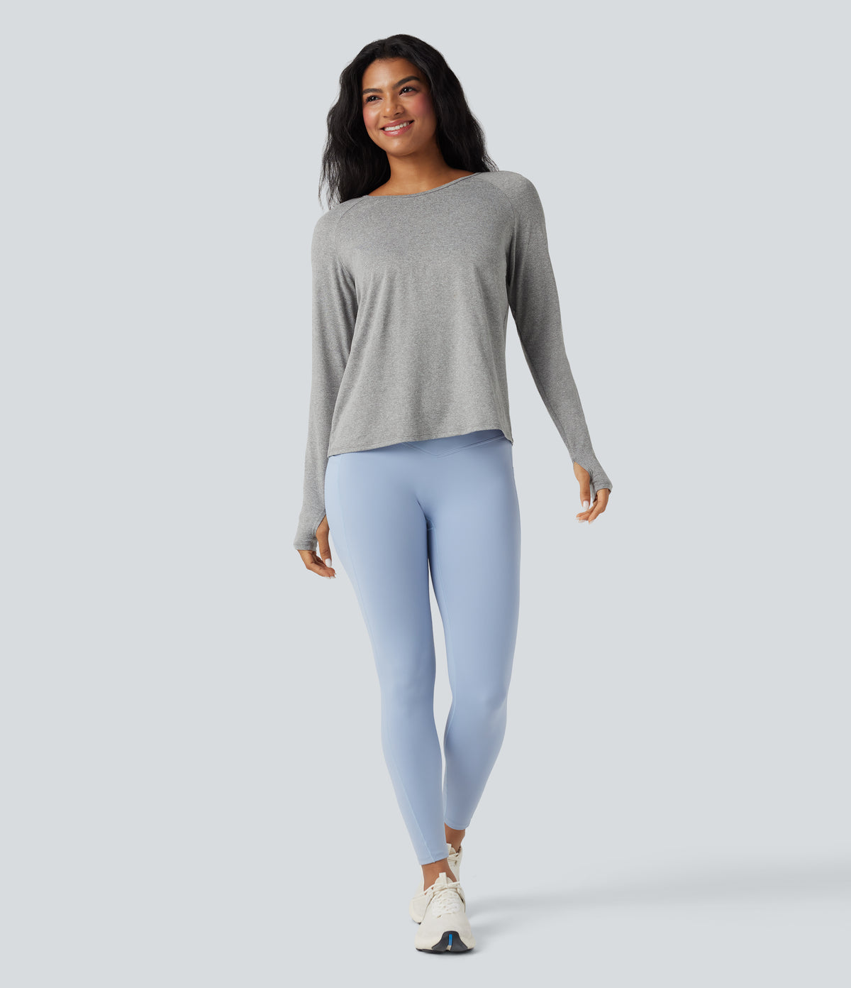 Cowl Back Long Sleeve Thumb Hole Yoga Sports Top — Fog Gray — view 7