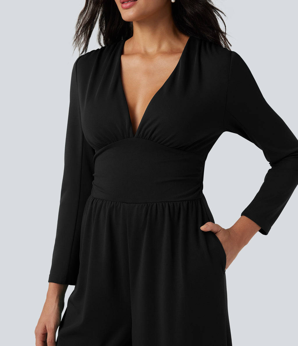 V Neck Long Sleeve Ruched Jumpsuit with Pockets-Edition — Black — view 5