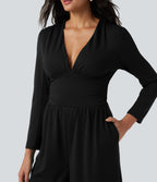 V Neck Long Sleeve Ruched Jumpsuit with Pockets-Edition — Black — view 5