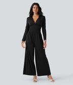 V Neck Long Sleeve Ruched Jumpsuit with Pockets-Edition — Black — view 6