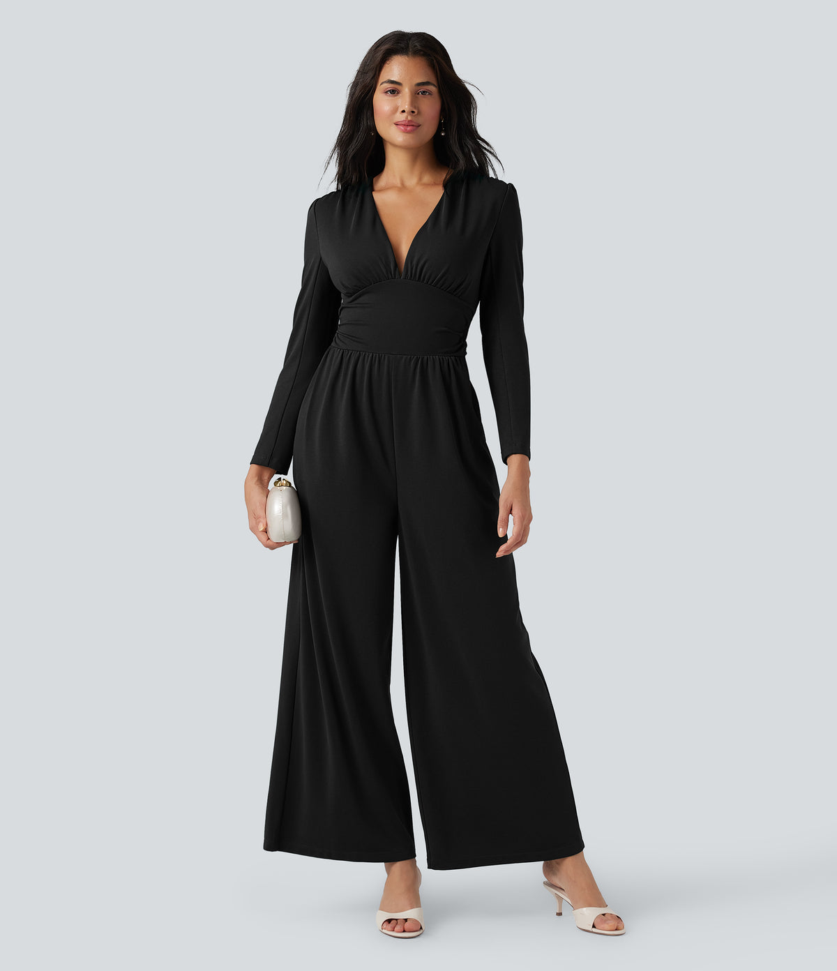 V Neck Long Sleeve Ruched Jumpsuit with Pockets-Edition — Black — view 6