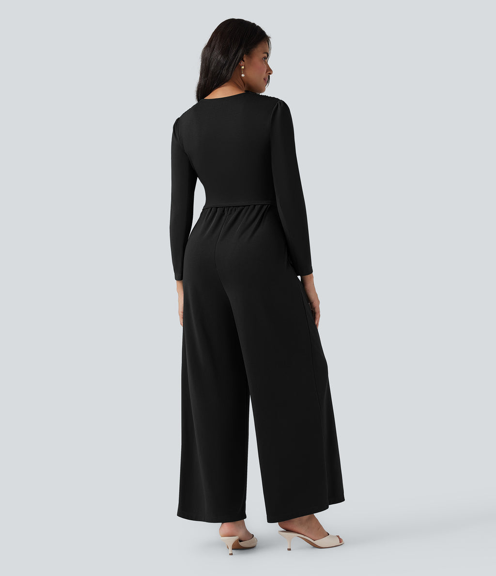 V Neck Long Sleeve Ruched Jumpsuit with Pockets-Edition — Black — view 2