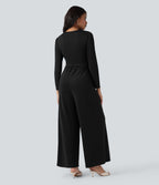 V Neck Long Sleeve Ruched Jumpsuit with Pockets-Edition — Black — view 2
