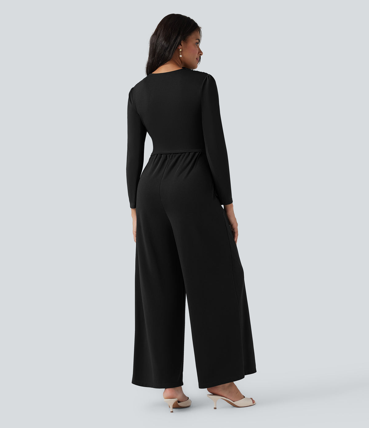 V Neck Long Sleeve Ruched Jumpsuit with Pockets-Edition — Black — view 2