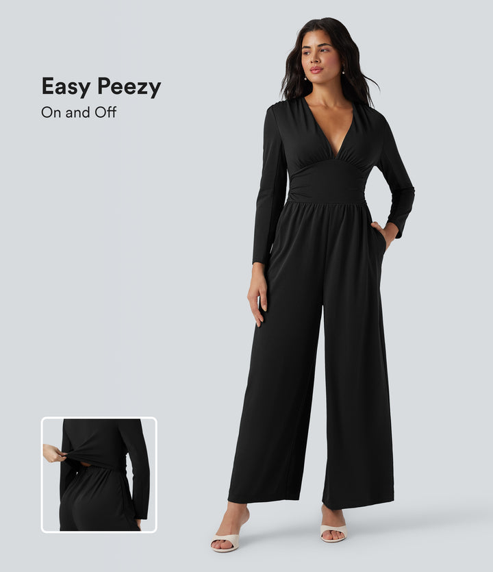 V Neck Long Sleeve Ruched Jumpsuit with Pockets-Edition — Black — view 1