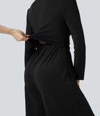 V Neck Long Sleeve Ruched Jumpsuit with Pockets-Edition — Black — view 4