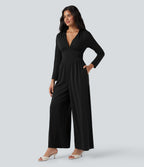 V Neck Long Sleeve Ruched Jumpsuit with Pockets-Edition — Black — view 3