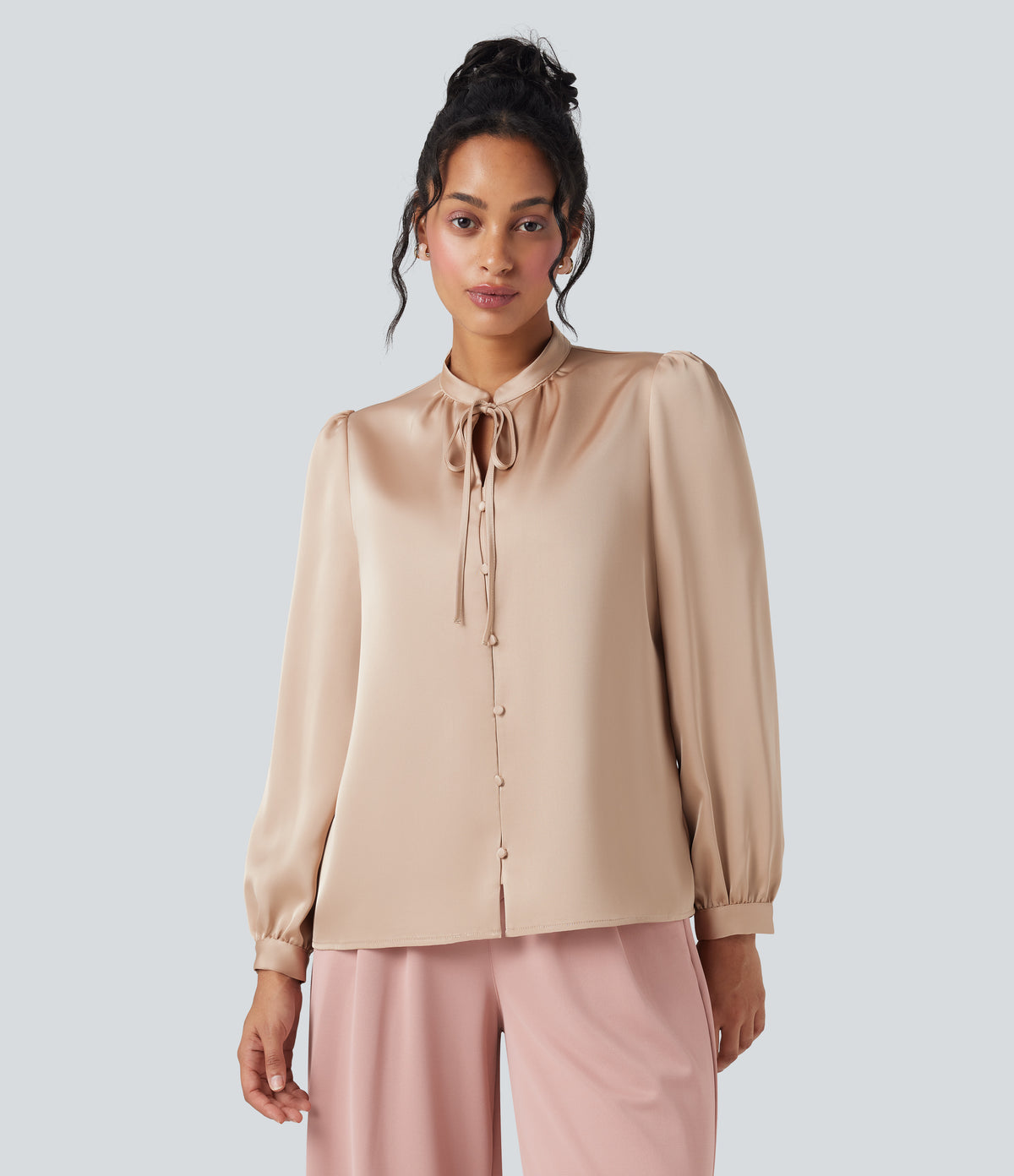 Tie Front Long Sleeve Work Shirt — Toasted Almond — view 7