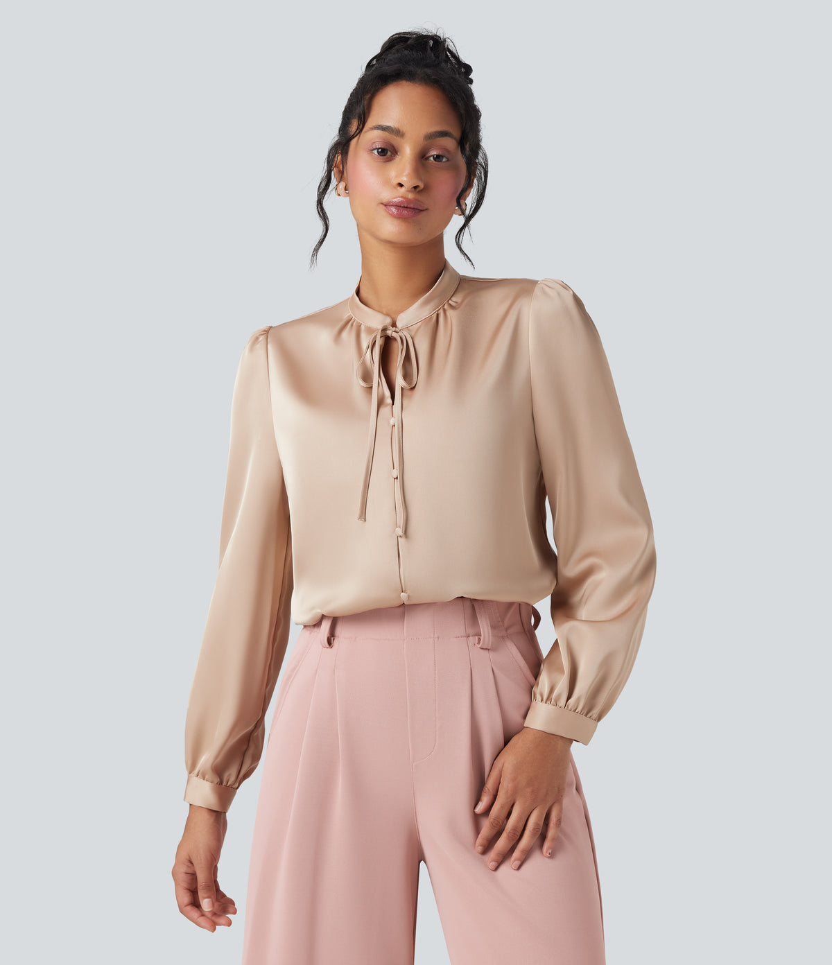 Tie Front Long Sleeve Work Shirt — Toasted Almond — view 1