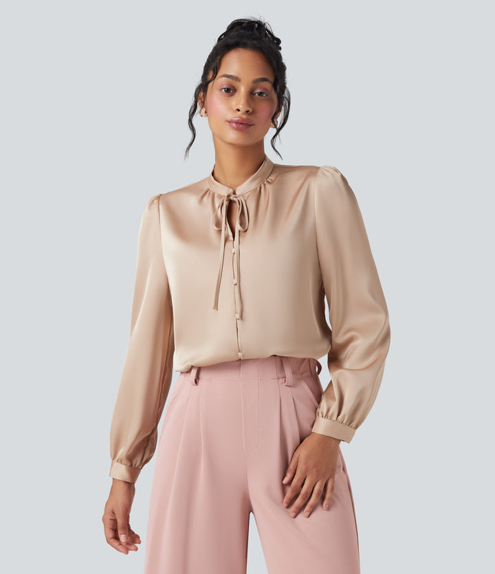 Tie Front Long Sleeve Work Shirt — Toasted Almond — view 1