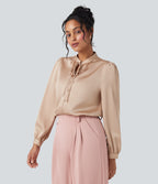Tie Front Long Sleeve Work Shirt — Toasted Almond — view 3