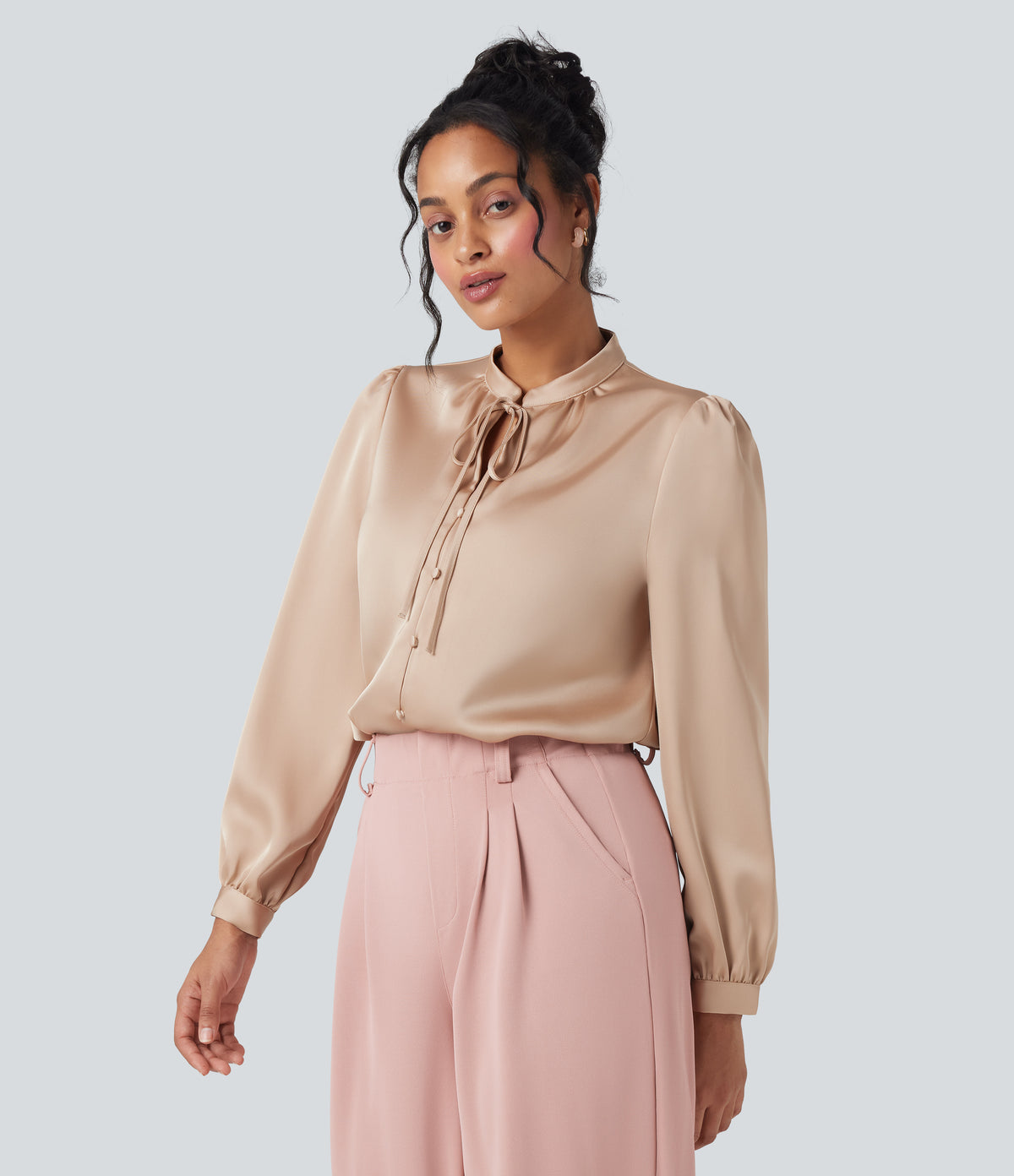Tie Front Long Sleeve Work Shirt — Toasted Almond — view 3
