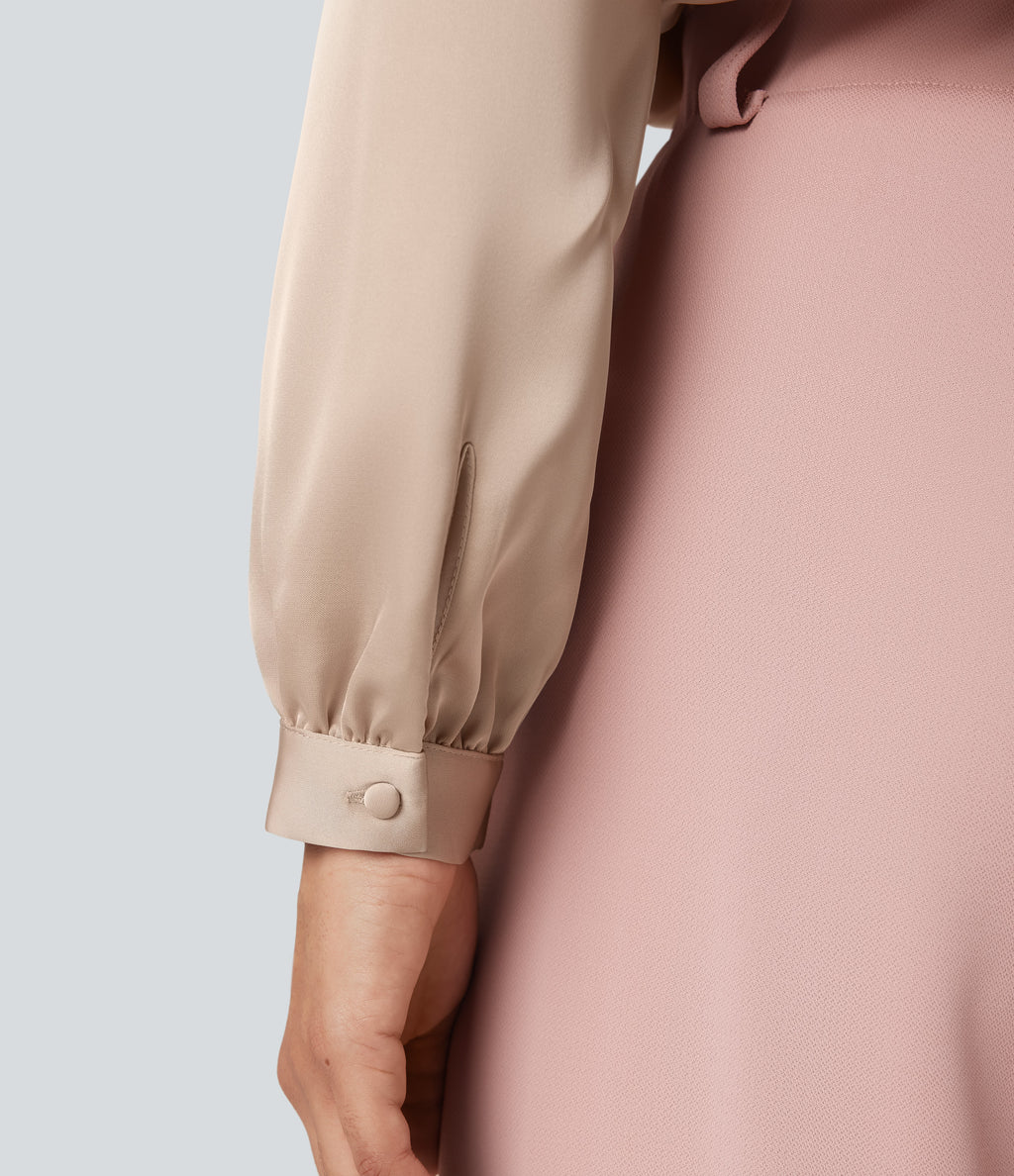 Tie Front Long Sleeve Work Shirt — Toasted Almond — view 6