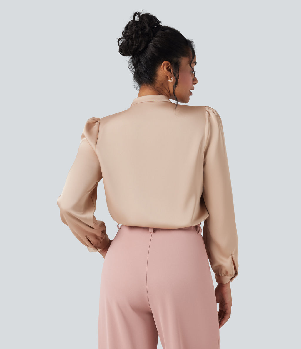 Tie Front Long Sleeve Work Shirt — Toasted Almond — view 2