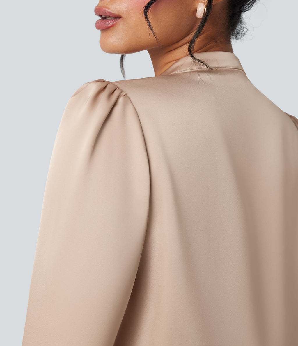 Tie Front Long Sleeve Work Shirt — Toasted Almond — view 5