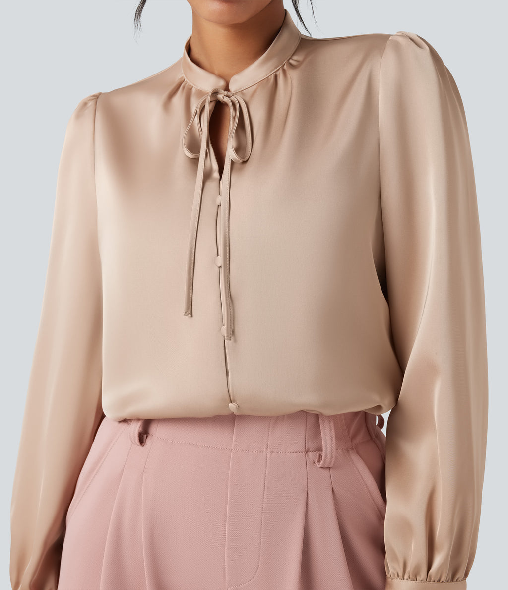 Tie Front Long Sleeve Work Shirt — Toasted Almond — view 4