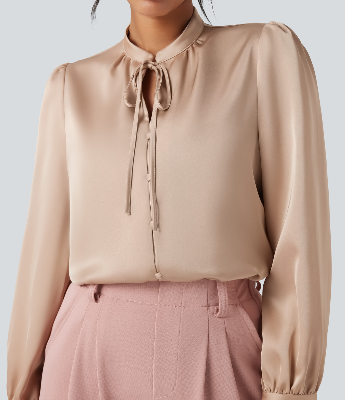 Tie Front Long Sleeve Work Shirt — Toasted Almond — view 4
