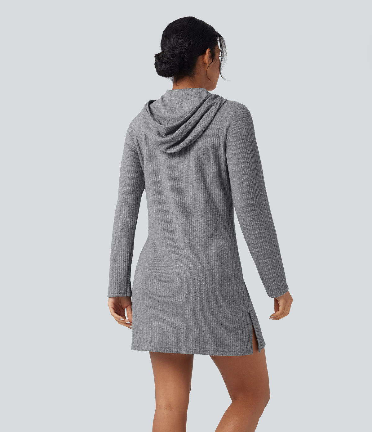 Ribbed Knit Hooded Long Sleeve Mini Fleece Hiking Active Dress with Pocket — Dark Mottled Grey — view 1