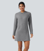 Ribbed Knit Hooded Long Sleeve Mini Fleece Hiking Active Dress with Pocket — Dark Mottled Grey — view 2