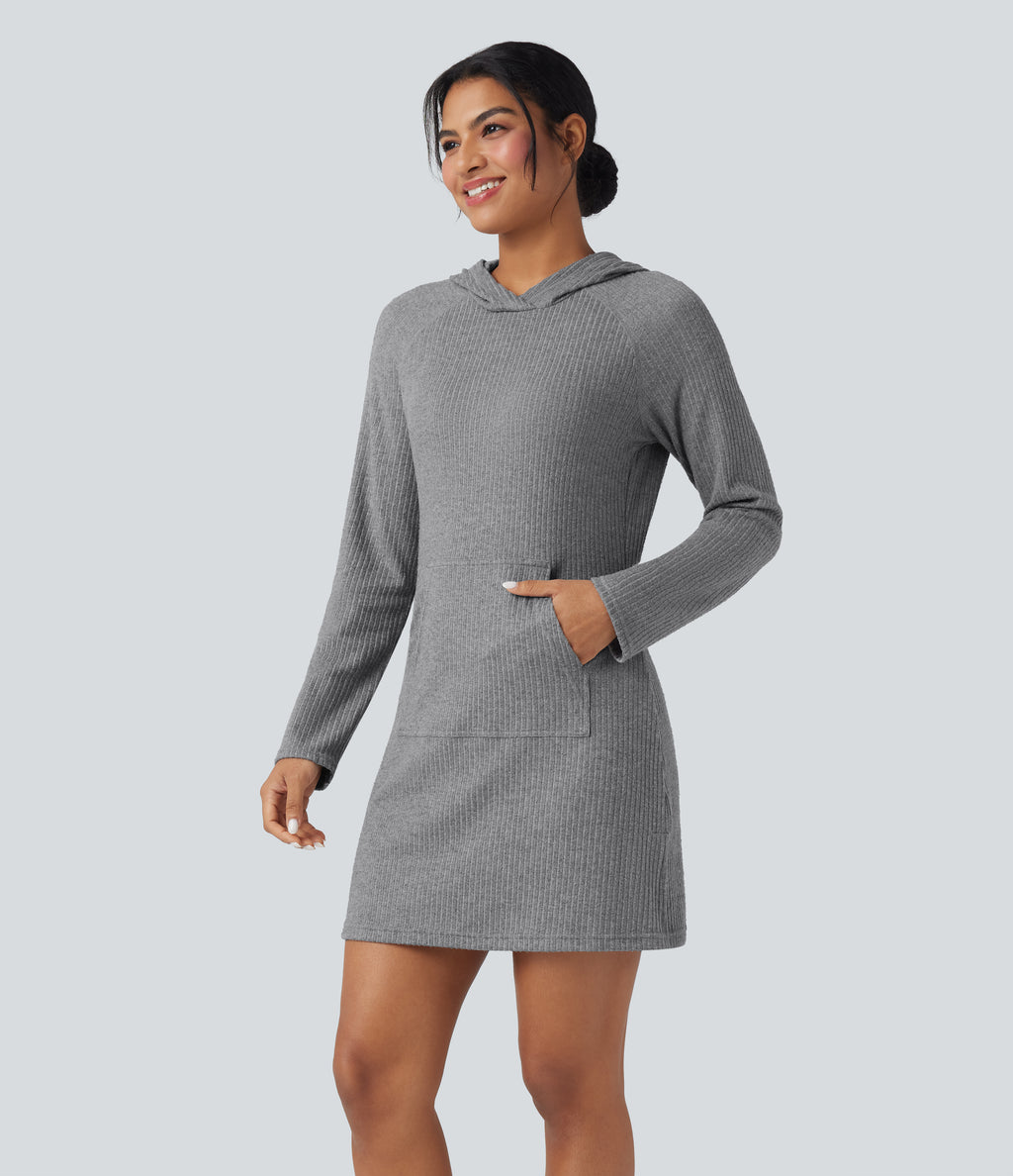 Ribbed Knit Hooded Long Sleeve Mini Fleece Hiking Active Dress with Pocket — Dark Mottled Grey — view 3