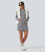Ribbed Knit Hooded Long Sleeve Mini Fleece Hiking Active Dress with Pocket — Dark Mottled Grey — view 6