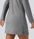 Ribbed Knit Hooded Long Sleeve Mini Fleece Hiking Active Dress with Pocket — Dark Mottled Grey — view 5