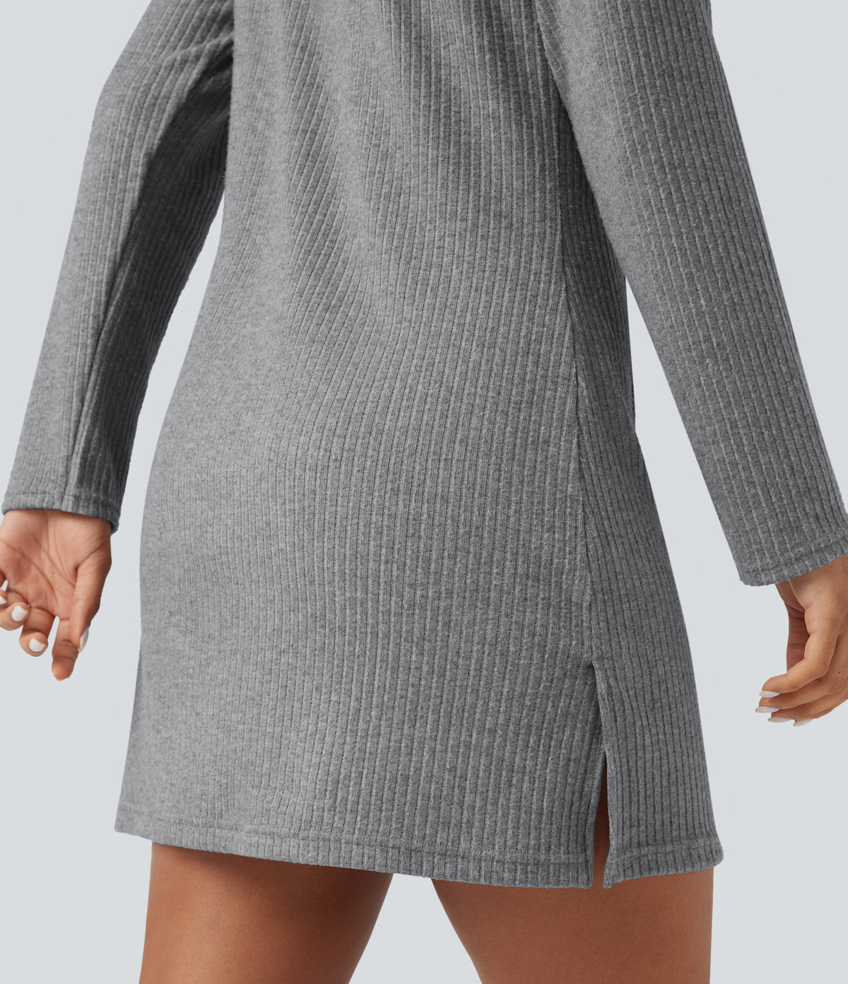 Ribbed Knit Hooded Long Sleeve Mini Fleece Hiking Active Dress with Pocket — Dark Mottled Grey — view 5