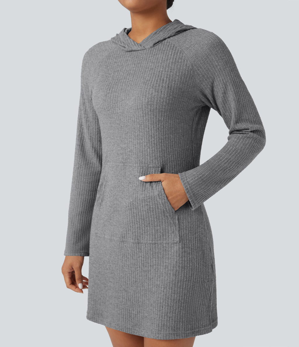 Ribbed Knit Hooded Long Sleeve Mini Fleece Hiking Active Dress with Pocket — Dark Mottled Grey — view 4