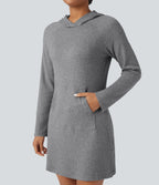 Ribbed Knit Hooded Long Sleeve Mini Fleece Hiking Active Dress with Pocket — Dark Mottled Grey — view 4